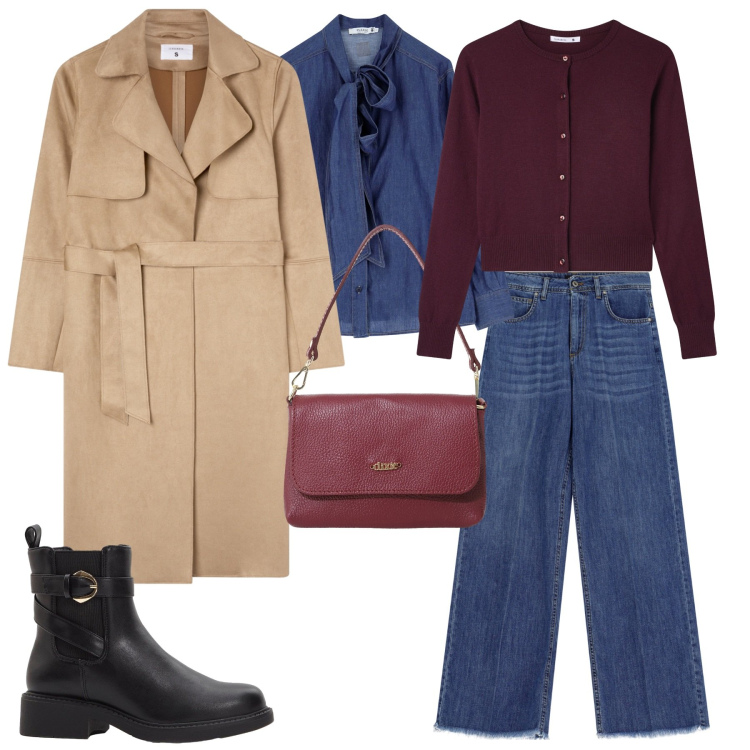 Outfit donna - Giorni di pioggia. Stile Urban per Tutti i giorni. Abbinamento con stivaletti chelsea, cardigans, trench, camicie, jeans, borse a tracolla.