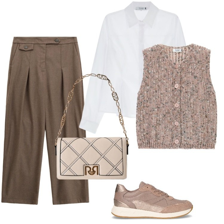 Outfit donna - Total look #2246222. Stile Sporty chic per Ufficio. Abbinamento con borse a tracolla, gilet, pantaloni, camicie, sneakers.