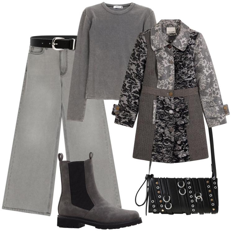 Outfit donna - Un cappottino originale. Stile Trendy per Tutti i giorni. Abbinamento con stivaletti chelsea, cinture, cappotti, borse a spalla, maglieria, jeans.