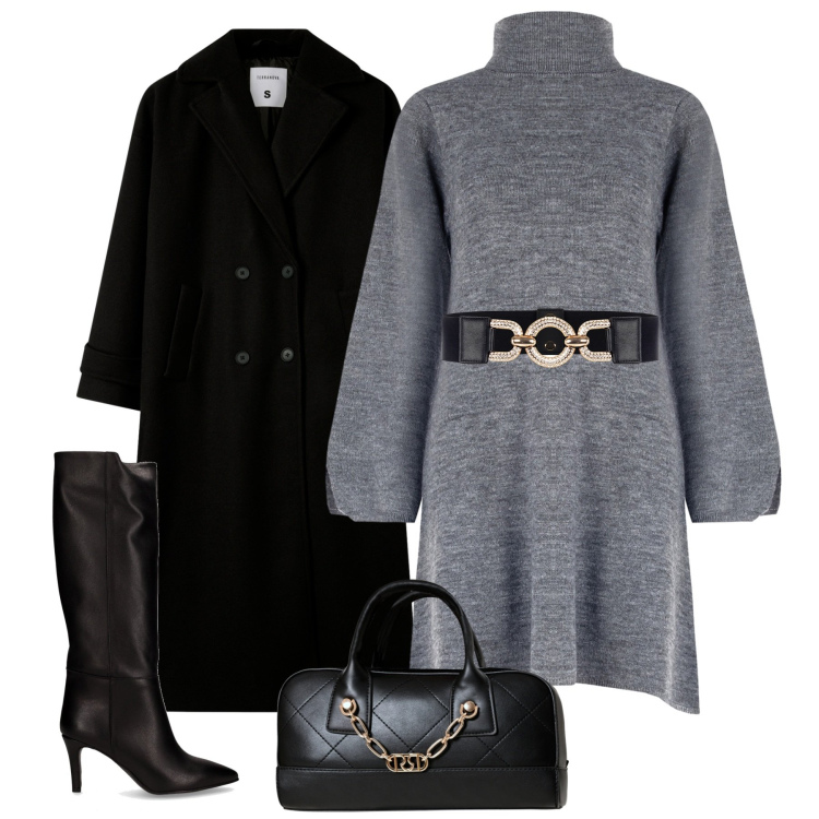 Outfit donna - City. Stile Urban per Tutti i giorni. Abbinamento con cappotti, cinture, borse a mano, vestiti corti, stivali.