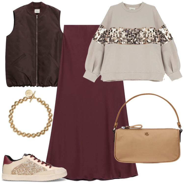 Outfit donna - Dixie Fw 25. Stile Urban per Tutti i giorni. Abbinamento con gonne lunghe, piumini, felpe, braccialetti, pochette, sneakers.