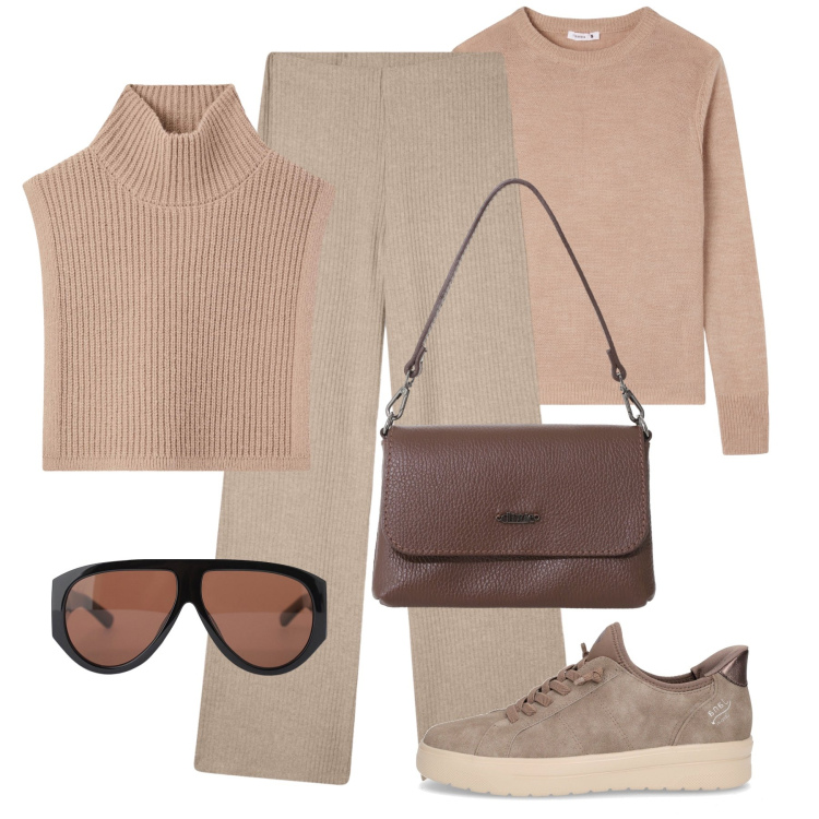 Outfit donna - Il poncho corto. Stile Urban per Tutti i giorni. Abbinamento con pantaloni, cappotti, maglieria, occhiali da sole, borse a tracolla, sneakers.