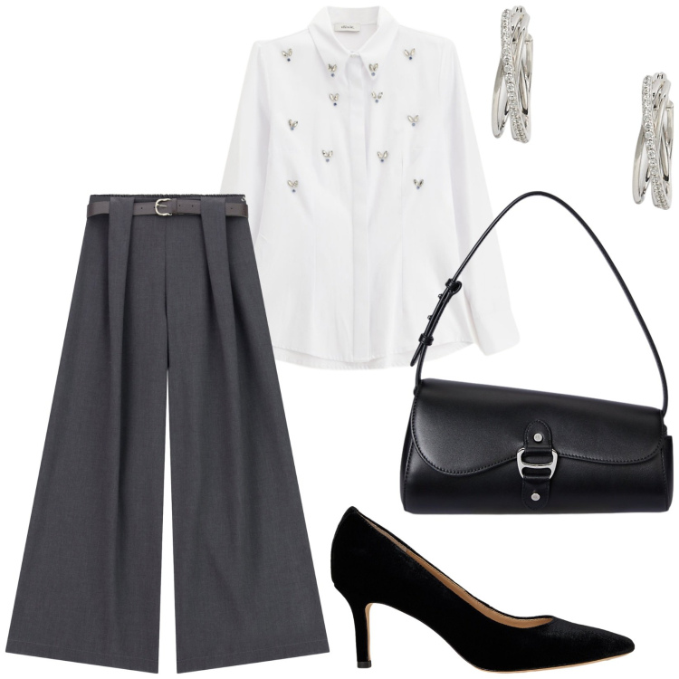 Outfit donna - Total look #2246235. Stile Chic per Serata fuori. Abbinamento con pantaloni, camicie, orecchini, borse a spalla, décolleté.