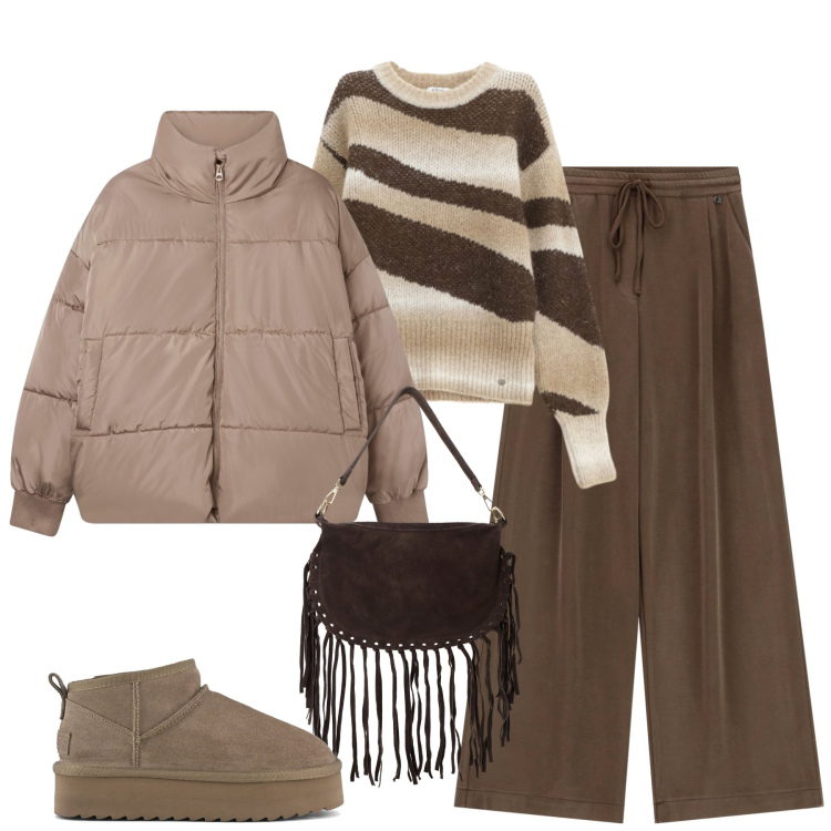 Outfit donna - City. Stile Casual chic per Tutti i giorni. Abbinamento con bomber, pullovers, pantaloni a palazzo, borse a tracolla, stivaletti.