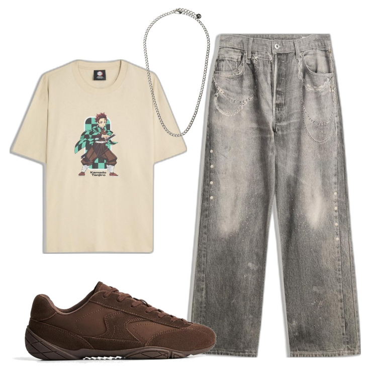 Outfit hombre - Rótulos. Estilo Urban para Todos los días. Combinación con collares, camiseta, sneakers, vaqueros.