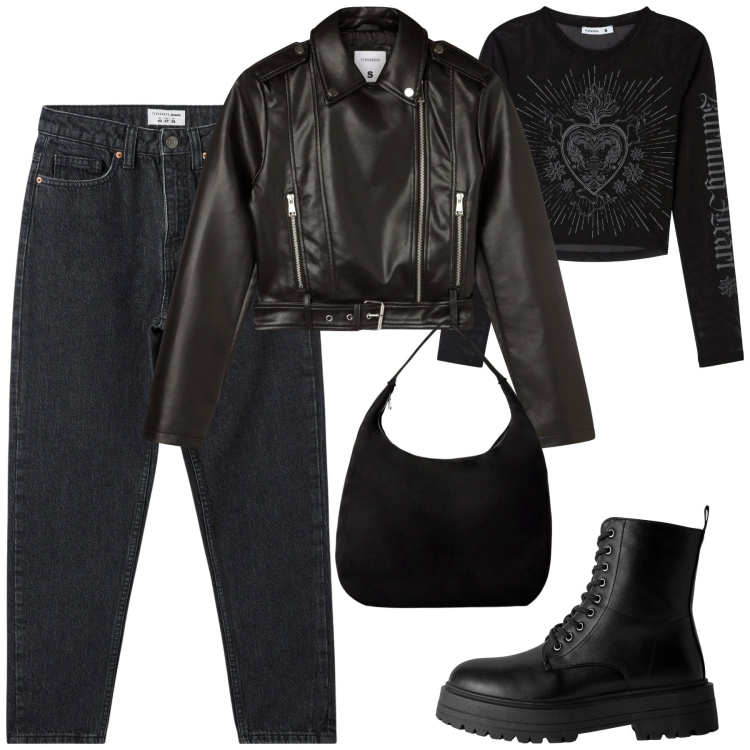 Outfit donna - Total look #2246242. Stile Rock per Tutti i giorni. Abbinamento con t-shirt, anfibi, giacche, jeans mom, borse a mano.
