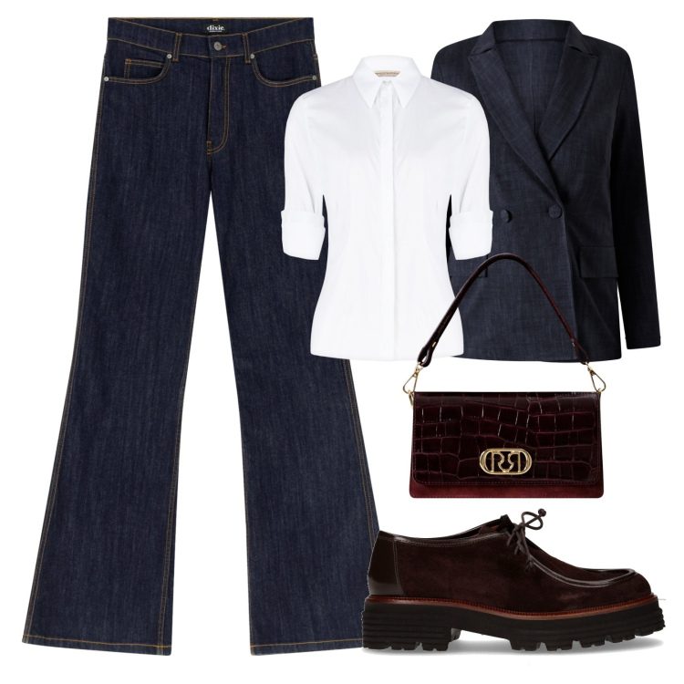 Outfit donna - Minimal ricercato!. Stile Minimal per Ufficio. Abbinamento con blazer, camicie, borse a mano, jeans a zampa, mocassini.