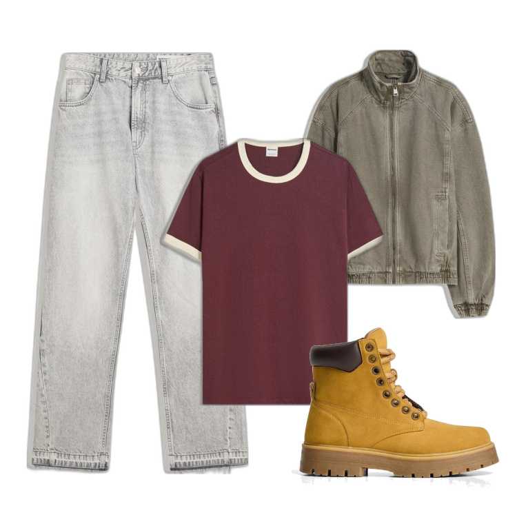 Outfit hombre - Clásico. Estilo Casual para Todos los días. Combinación con chaquetas, vaqueros rectos, camiseta, botas y botines.