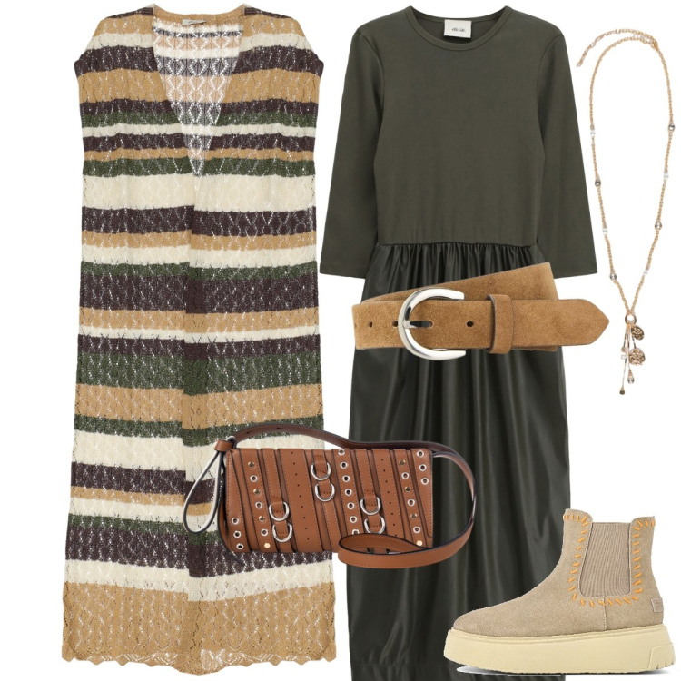 Outfit donna - Total look #2246247. Stile Boho per Tutti i giorni. Abbinamento con cinture, borse a spalla, vestiti midi/longuette, gilet, ciondoli, stivaletti.