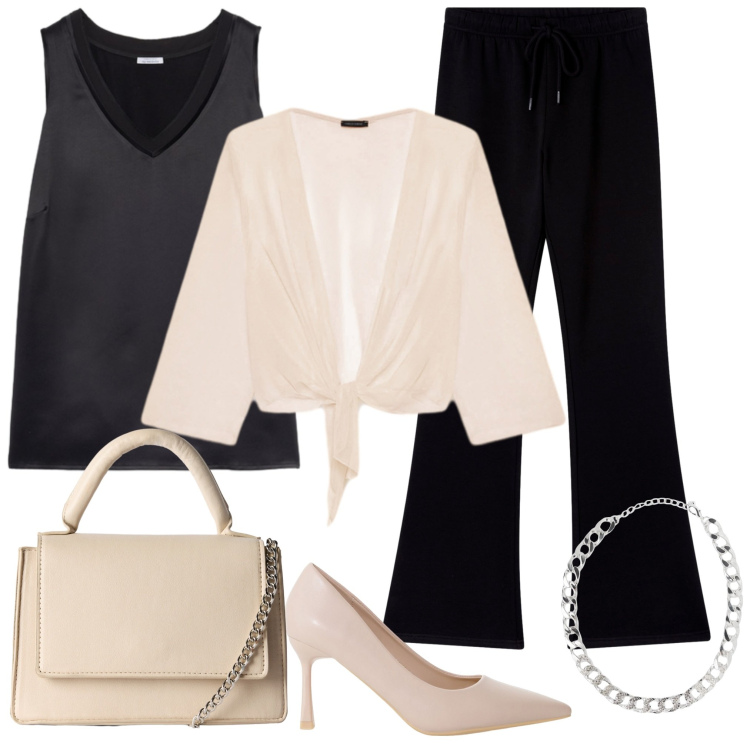 Outfit donna - Uscita serale. Stile Casual chic per Serata fuori. Abbinamento con collane, borse a tracolla, pantaloni, décolleté, blazer, top.