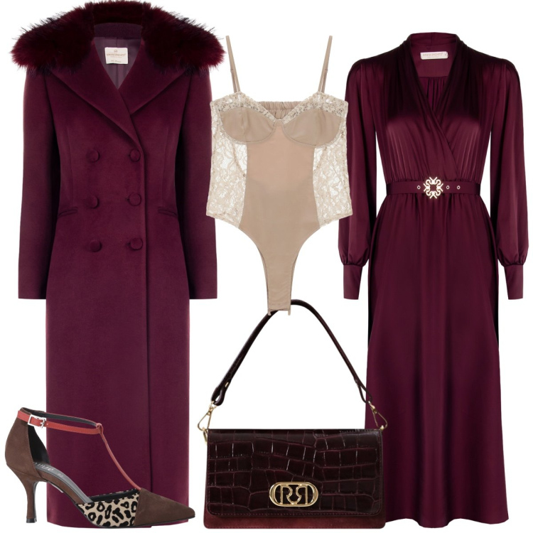 Outfit donna - Total look #2246251. Stile Chic per Serata fuori. Abbinamento con vestiti midi/longuette, cappotti, borse a mano, décolleté, body.