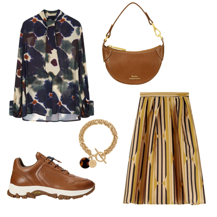 Outfit donna - Righe e fantasia. Stile Casual chic per Serata fuori. Abbinamento con camicie, gonne lunghe, sneakers, borse a tracolla, braccialetti con ciondoli.