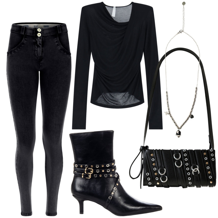 Outfit donna - Total look #2246256. Stile Rock per Serata fuori. Abbinamento con stivaletti, borse a spalla, bluse, jeans skinny, ciondoli.