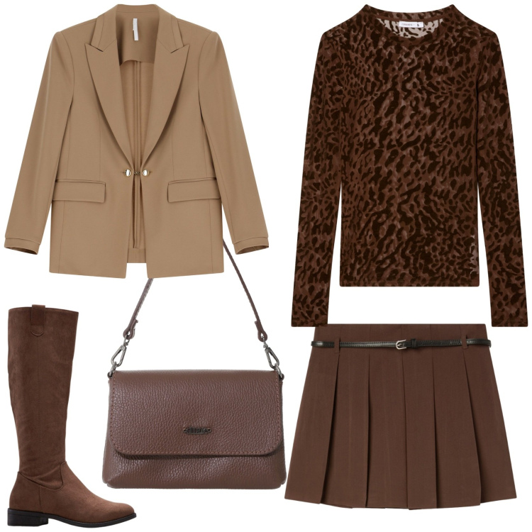 Outfit donna - Palette autunnale. Stile Trendy per Tutti i giorni. Abbinamento con stivali, t-shirt, minigonne, blazer, borse a tracolla.