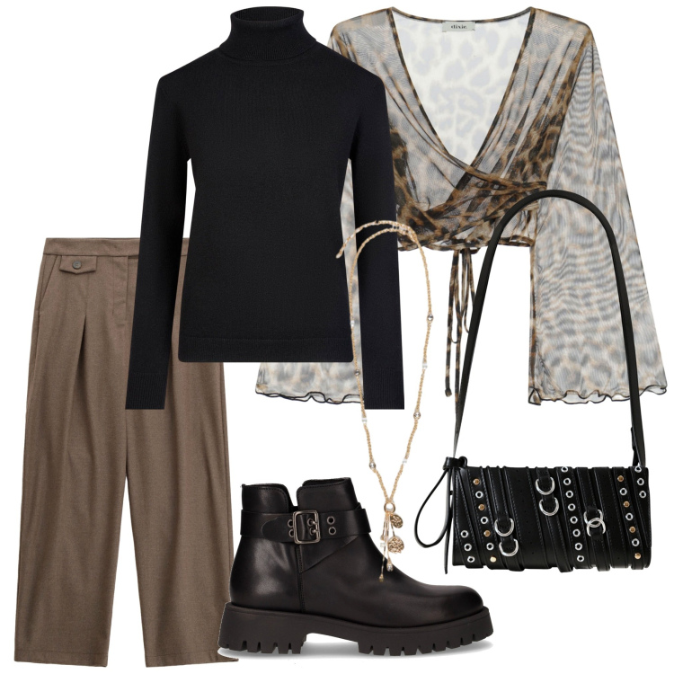 Outfit donna - Casual con stile. Stile Casual per Tutti i giorni. Abbinamento con borse a spalla, pantaloni, top, maglieria, ciondoli, stivaletti chelsea.