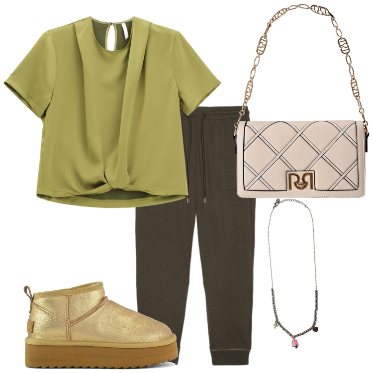 Outfit donna - Semplicemente. Stile Trendy per Tutti i giorni. Abbinamento con borse a tracolla, bluse, ciondoli, stivaletti, pantaloni.