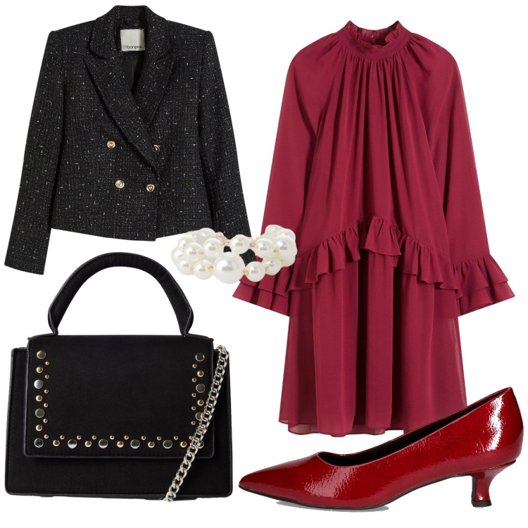 Outfit donna - Delizioso abito bordeaux. Stile Bon Ton per Serata fuori. Abbinamento con vestiti, blazer, borse a tracolla, anelli, décolleté.