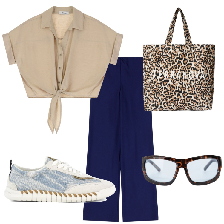 Outfit donna - Una passeggiata. Stile Casual per Tutti i giorni. Abbinamento con borse tote, pantaloni, occhiali da sole, camicie a manica corta, sneakers.