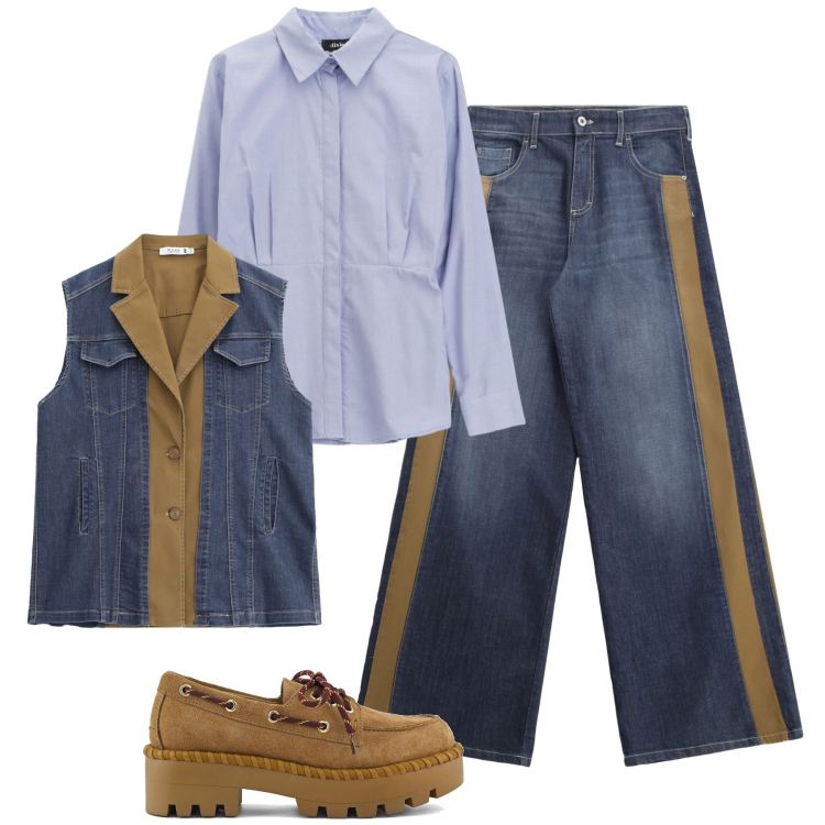 Outfit donna - Denim urbano in trend. Stile Urban per Tutti i giorni. Abbinamento con jeans a zampa, gilet, camicie, mocassini.