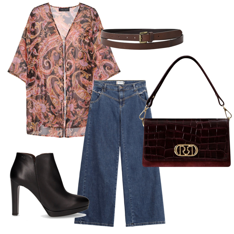 Outfit donna - Stivaletti dal tacco alto. Stile Casual per Tutti i giorni. Abbinamento con borse a mano, jeans, cinture, kimono, stivaletti.