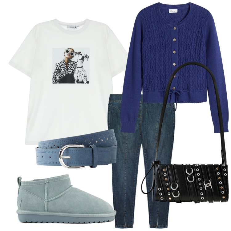 Outfit donna - Il golfino blu. Stile Casual per Tutti i giorni. Abbinamento con cardigans, cinture, borse a spalla, t-shirt, jeggings, stivali.