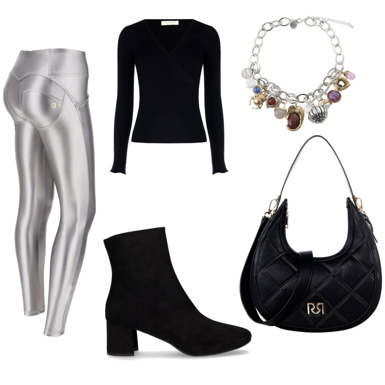 Outfit donna - Trendy in nero e argento. Stile Casual chic per Serata fuori. Abbinamento con borse a tracolla, maglieria, pantaloni skinny, braccialetti con ciondoli, stivaletti.