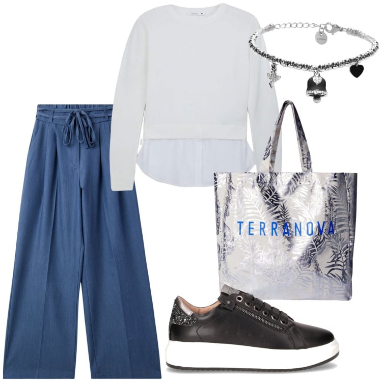 Outfit donna - Total look #2246278. Stile Basic per Tutti i giorni. Abbinamento con maglieria, jeans, borse tote, braccialetti, sneakers.
