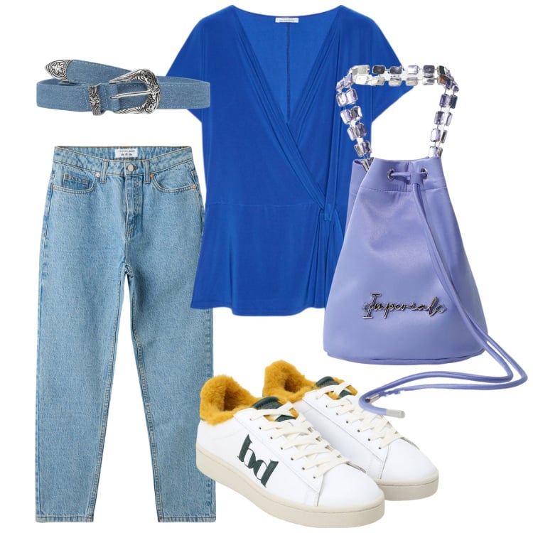 Outfit donna - Pomeriggio in giro. Stile Casual per Tutti i giorni. Abbinamento con jeans mom, cinture, borse a secchiello, sneakers, bluse.