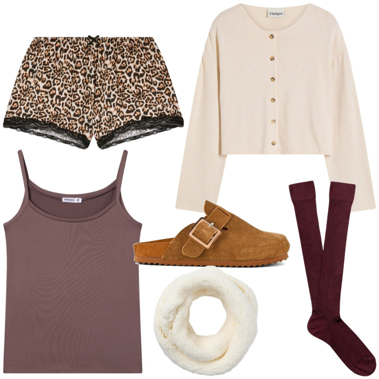 Outfit donna - Serata in casa. Stile Basic per Tutti i giorni. Abbinamento con cardigans, pigiama, sciarpe, magliette intime, sabot, calzini.