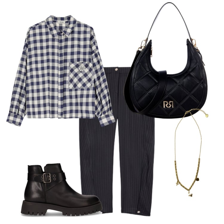 Outfit donna - Una camicia a quadri. Stile Casual per Tutti i giorni. Abbinamento con borse a tracolla, ciondoli, camicie, pantaloni, stivaletti chelsea.