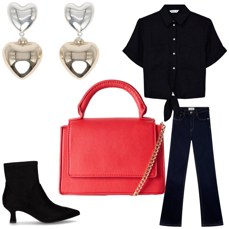 Outfit donna - Cuori. Stile Casual chic per Serata fuori. Abbinamento con camicie a manica corta, orecchini, borse a tracolla, jeans a zampa, stivaletti.