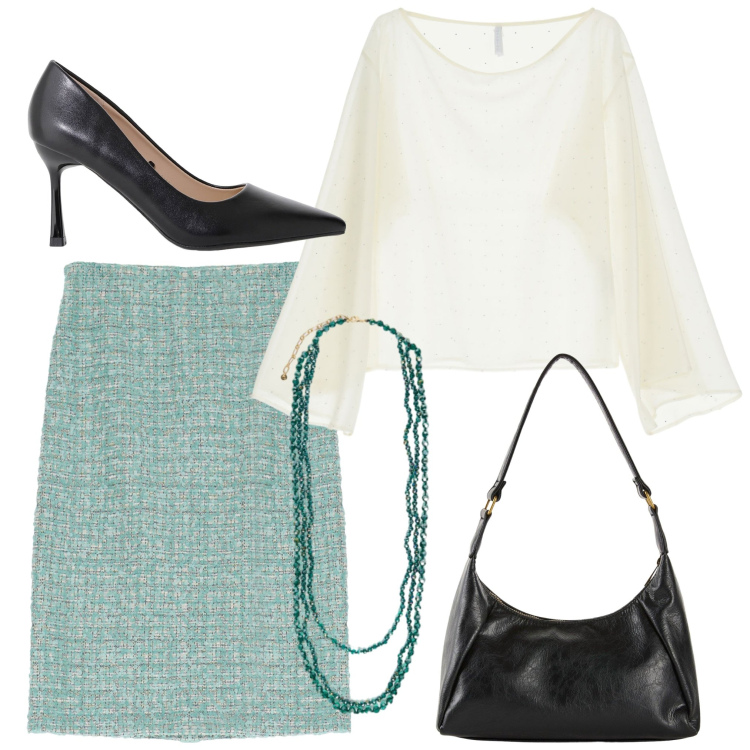 Outfit donna - Semplice e chic. Stile Casual chic per Tutti i giorni. Abbinamento con borse a mano, décolleté, camicie, gonne longuette, collane.