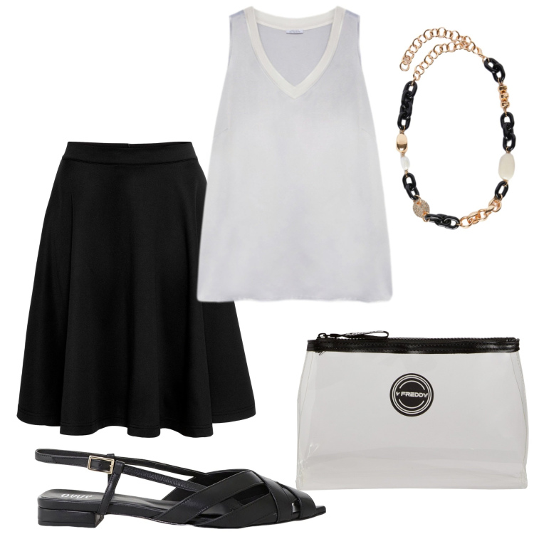 Outfit donna - A settembre. Stile Bon Ton per Tutti i giorni. Abbinamento con gonne, valigie, sandali, top, collane.