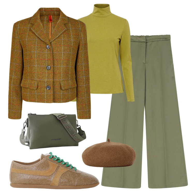 Outfit donna - Colori del autunno!. Stile Minimal per Tutti i giorni. Abbinamento con maglieria, borse a tracolla, pantaloni, sneakers, blazer, cappelli e berretti.