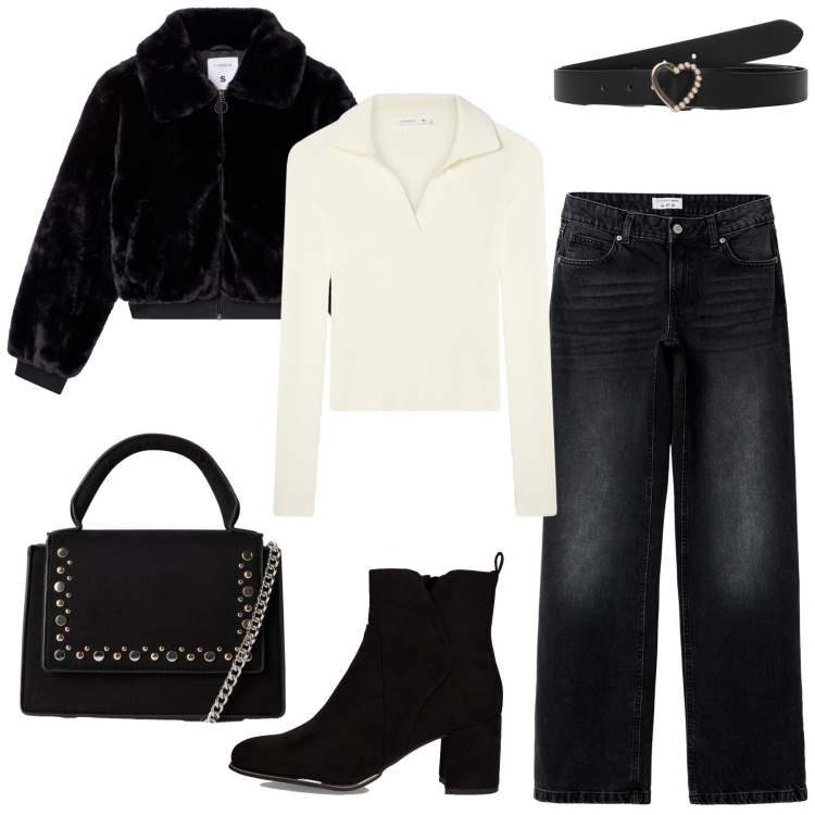 Outfit donna - Terranova New Collection. Stile Casual chic per Serata fuori. Abbinamento con jeans, maglieria, borse a tracolla, ecopellicce, cinture, stivaletti.
