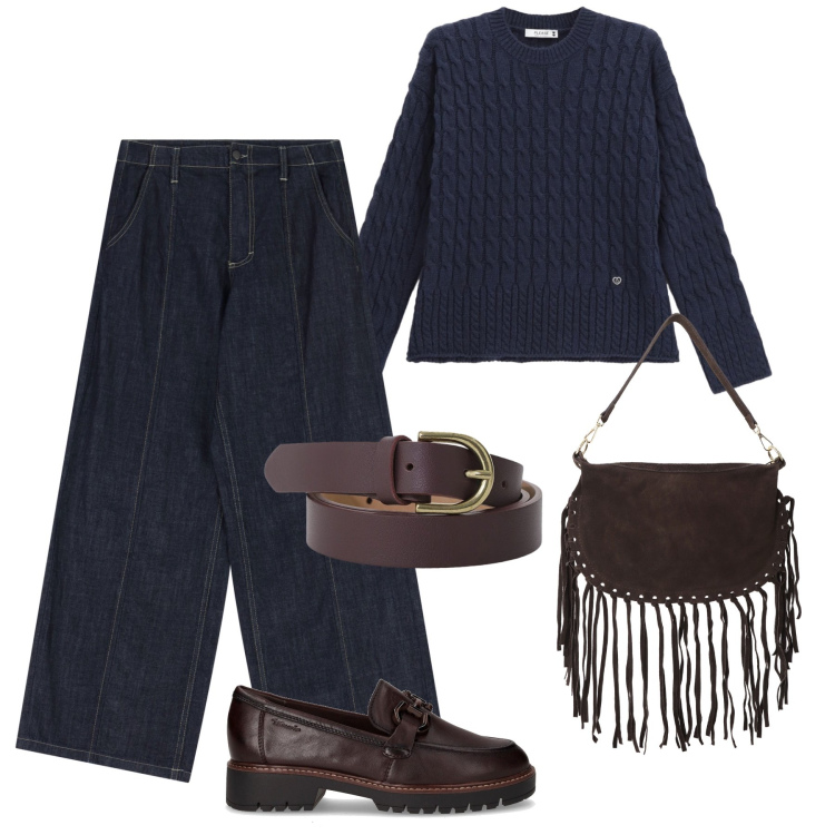 Outfit donna - Mocca, moro, blu in città. Stile Casual per Tutti i giorni. Abbinamento con pullovers, jeans, borse a tracolla, cinture, mocassini.