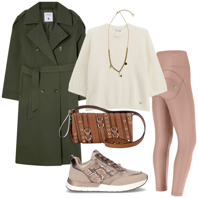 Outfit donna - Total look #2246307. Stile Casual chic per Tutti i giorni. Abbinamento con trench, borse a spalla, pullovers, pantaloni skinny, ciondoli, sneakers.