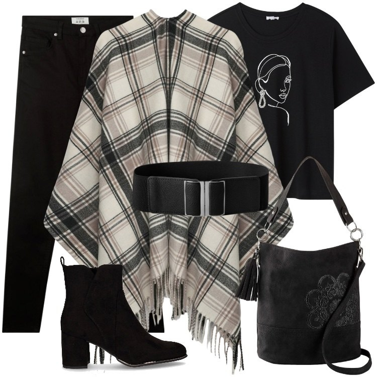Outfit donna - Total look #2246320. Stile Etnico per Serata fuori. Abbinamento con borse a mano, cappotti, pantaloni skinny, cinture, t-shirt, stivaletti.