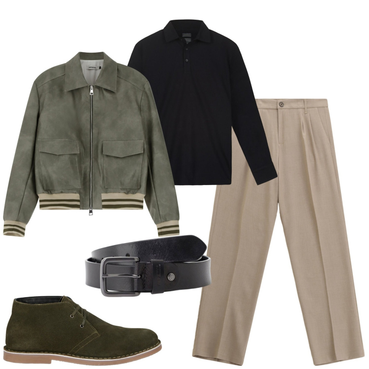 Outfit uomo - City. Stile Urban per Tutti i giorni. Abbinamento con cinture, bomber, pantaloni, stivali e stivaletti, polo.