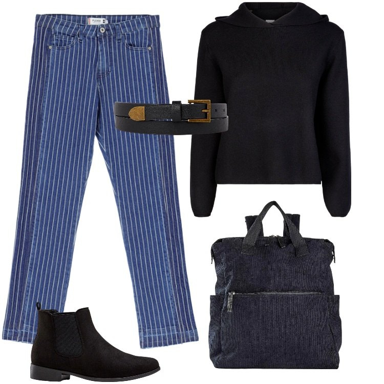 Outfit donna - Total look #2246326. Stile Mannish per Ufficio. Abbinamento con stivaletti chelsea, zaini, jeans slim fit, maglieria, cinture.