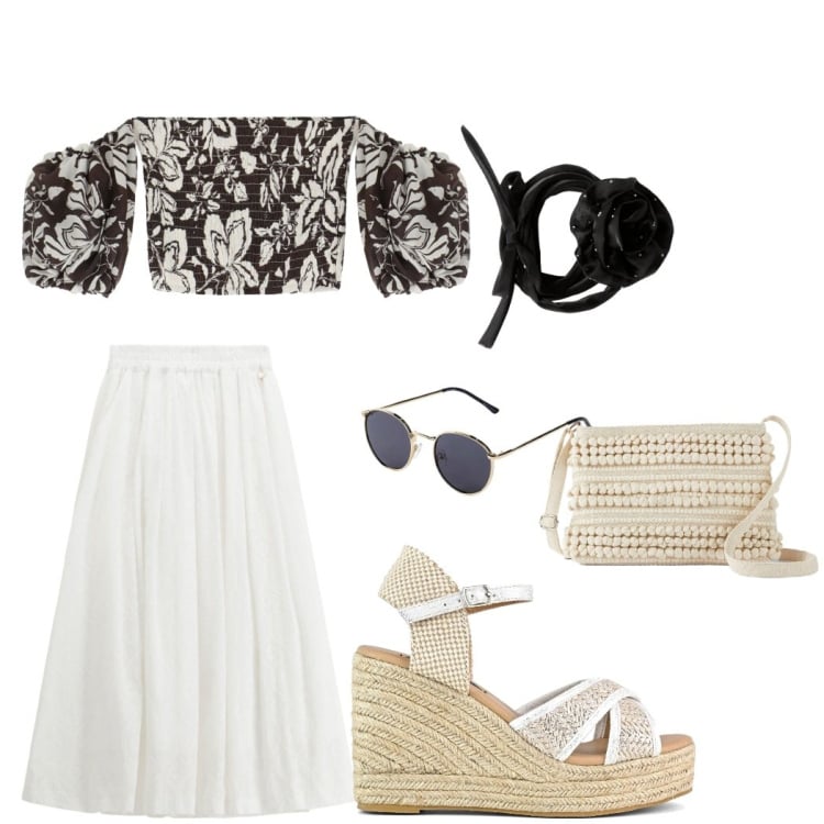 Outfit donna - Vacanze di settembre. Stile Casual per Mare. Abbinamento con occhiali da sole, borse a tracolla, collane, bluse, gonne lunghe, zeppe.