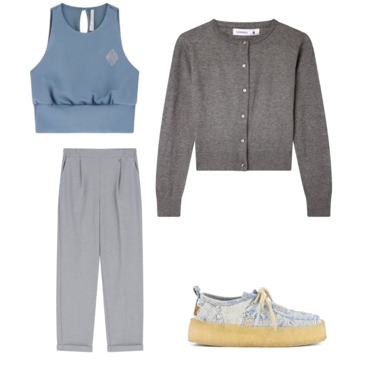Outfit donna - Tempo libero di fine estate. Stile Urban per Tutti i giorni. Abbinamento con cardigans, top, pantaloni, mocassini.