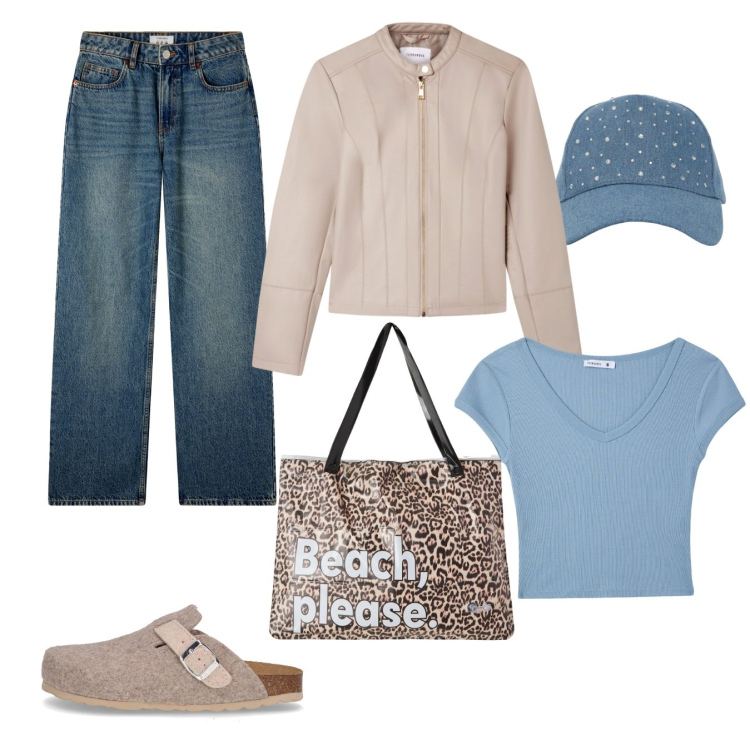 Outfit donna - Autunno. Stile Casual per Scuola/Università. Abbinamento con t-shirt, cappelli, borse tote, giacche, jeans, sabot.