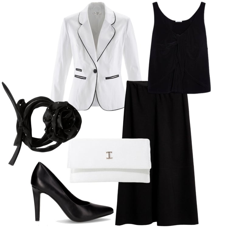 Outfit donna - Eleganza senza tempo. Stile Bon Ton per Cerimonia. Abbinamento con gonne longuette, blazer, collane, borse a tracolla, top, décolleté.
