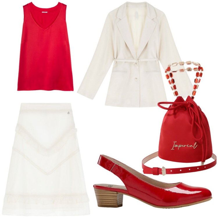 Outfit donna - Bianco e rosso. Stile Romantica per Ufficio. Abbinamento con décolleté, borse a secchiello, blazer, gonne longuette, top.