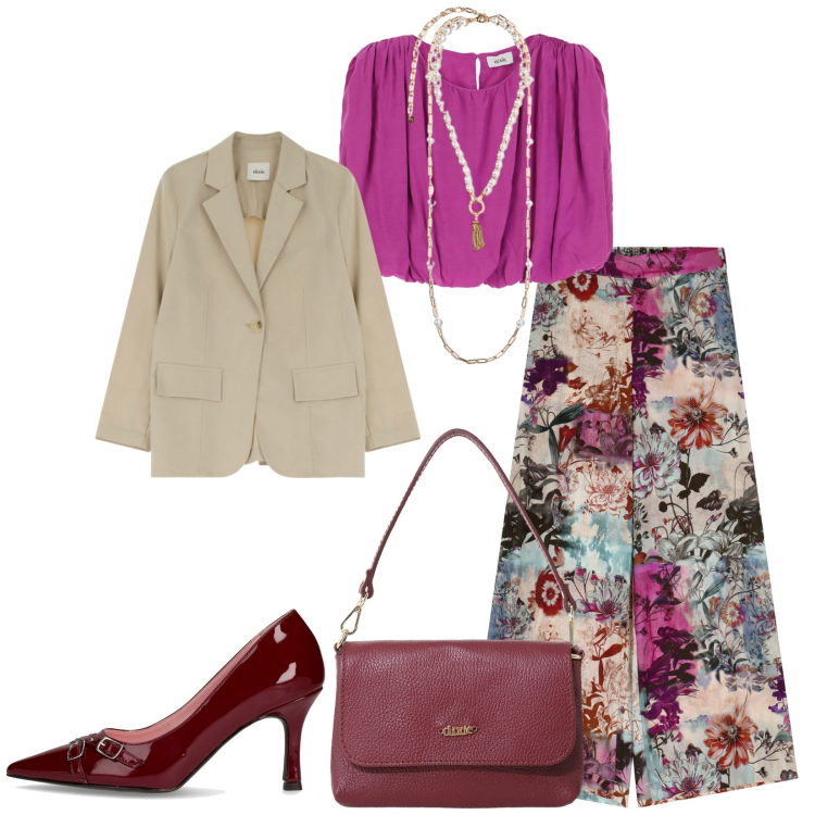 Outfit donna - Total look #2246348. Stile Casual chic per Ufficio. Abbinamento con blazer, pantaloni, top, borse a tracolla, décolleté, collane.