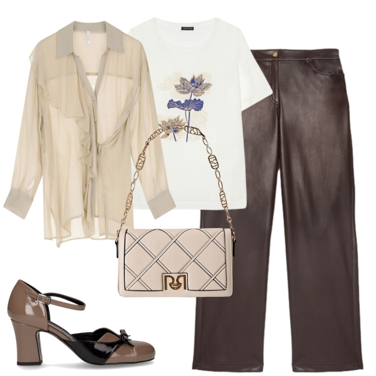 Outfit donna - Settembre. Stile Urban per Tutti i giorni. Abbinamento con borse a tracolla, camicie, décolleté, t-shirt, pantaloni.