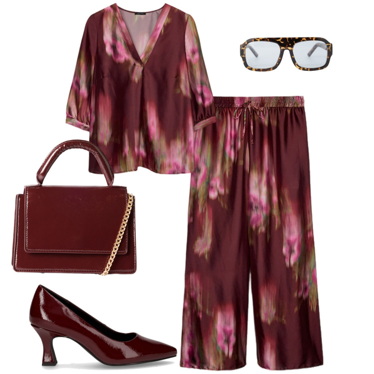Outfit donna - Fiorella Rubino. Stile Romantica per Tutti i giorni. Abbinamento con borse a tracolla, occhiali da sole, pantaloni a palazzo, bluse, décolleté.
