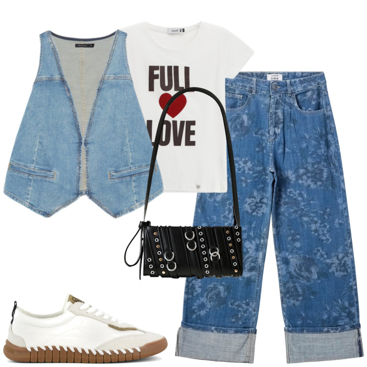 Outfit donna - Settembre. Stile Casual per Tutti i giorni. Abbinamento con jeans dritti, borse a spalla, t-shirt, sneakers, gilet.