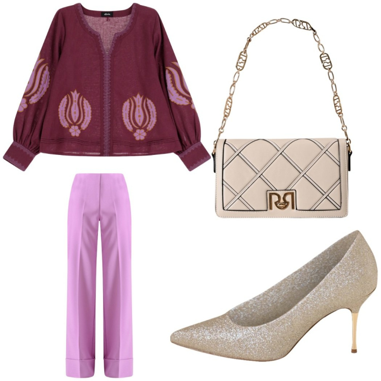 Outfit donna - Rientro in ufficio. Stile Casual chic per Ufficio. Abbinamento con borse a tracolla, pantaloni a palazzo, décolleté, bluse.
